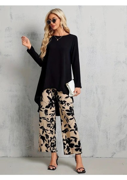 Eyesof Kadın Uzun Kollu Bisiklet Yaka Asimetrik Kesim Detaylı Viskon Bluz ve Çiçek Desenli Iki Iplik Pantolon