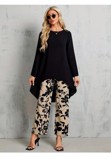 Eyesof Kadın Uzun Kollu Bisiklet Yaka Asimetrik Kesim Detaylı Viskon Bluz ve Çiçek Desenli Iki Iplik Pantolon fiyatları