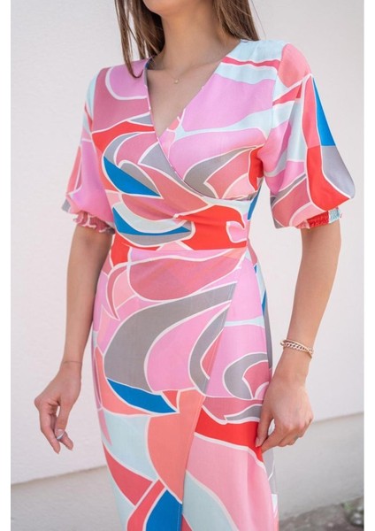 Eyesof Fuşya Desenli Yırtmaçlı Elbise fırsatları