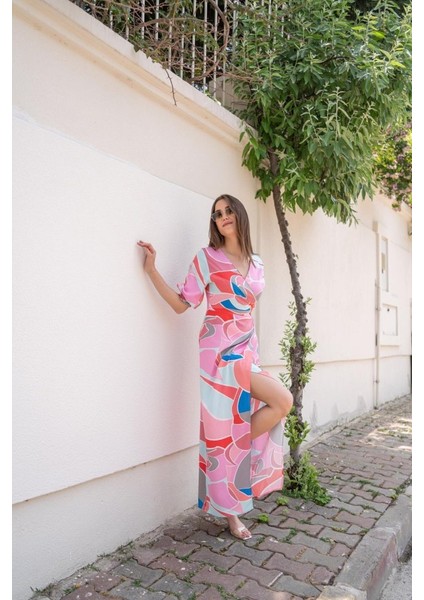 Eyesof Fuşya Desenli Yırtmaçlı Elbise