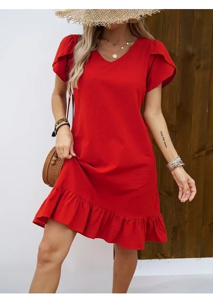 Eyesof Kadın Kısa Kollu Bisiklet Yaka Fırfırlı Aerobin Elbise