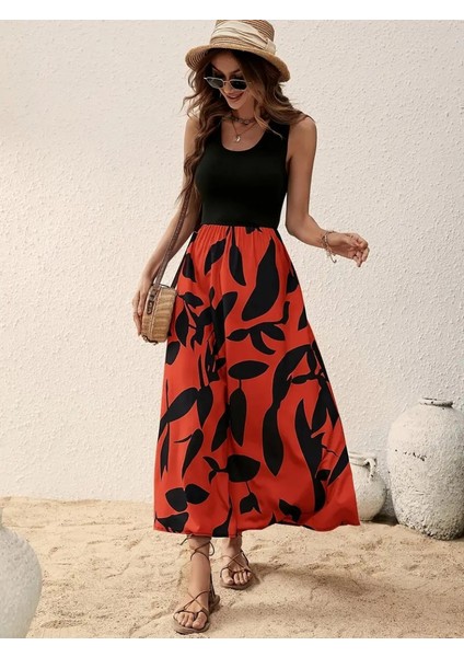 Eyesof Kadın Askılı Yuvarlak Yaka Üst Viskon Alt Desenli Uzun Süprem Elbise