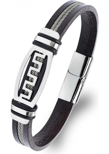 Meander Motifli Çelik Halatlı Deri Erkek Bileklik 31684B17D1