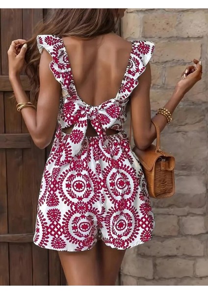 Eyesof Kadın Askılı Kare Yakalı Arkadan Bağcıklı Desenli Keten Tulum fiyatları