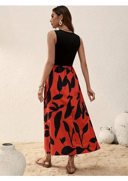 Eyesof Kadın Askılı Yuvarlak Yaka Üst Viskon Alt Desenli Uzun Süprem Elbise indirimleri