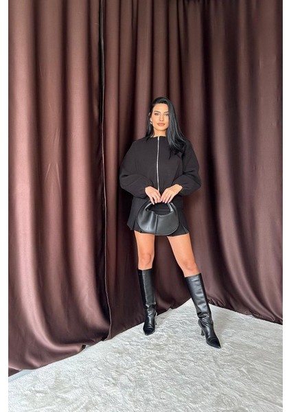 Eyesof Siyah Kısa Önü Fermuarlı Bomber Ceket