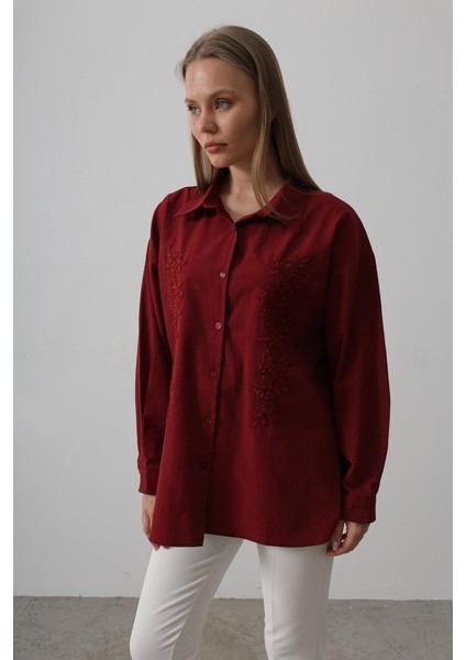 Eyesof Boncuk Nakış Detaylı Uzun Gömlek - Bordo fiyatları