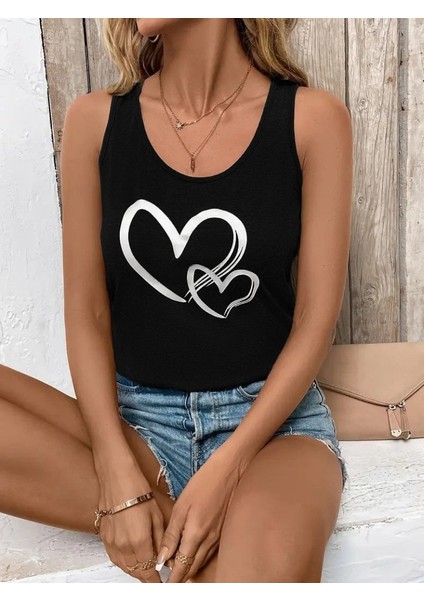 Eyesof Kadın Askılı Yuvarlak Yaka Kalp Baskılı Viskon Bluz