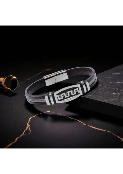 Meander Motifli Çelik Halatlı Deri Erkek Bileklik 31684B17D1 modelleri