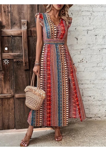 Eyesof Kadın Kısa Kollu V Yakalı Desenli Yandan Yırtmaçlı Süprem Elbise fırsatları