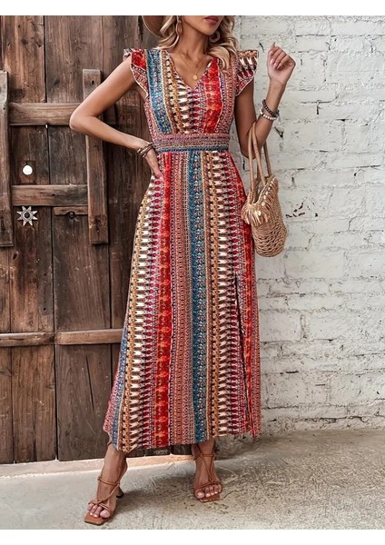 Eyesof Kadın Kısa Kollu V Yakalı Desenli Yandan Yırtmaçlı Süprem Elbise