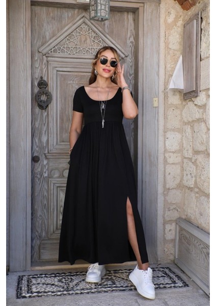 Eyesof Kadın Kısa Kollu Yuvarlak Yaka Önden Yırtmaçlı Cepli Viskon Uzun Elbise