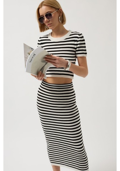 Eyesof Çizgili Midi Dokulu Etek