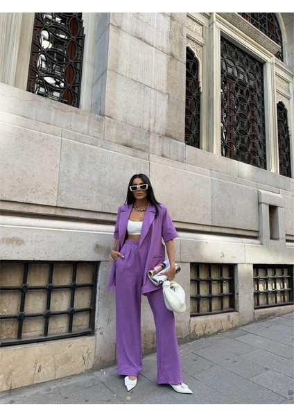 Eyesof Kısa Kol Bağlama Detaylı Ceket-Pantolon Takım - Mor fırsatları