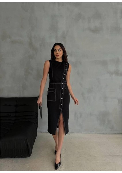 Eyesof Gabardin Kalem Elbise Düğme ve Yırtmaç Detaylı - Bej