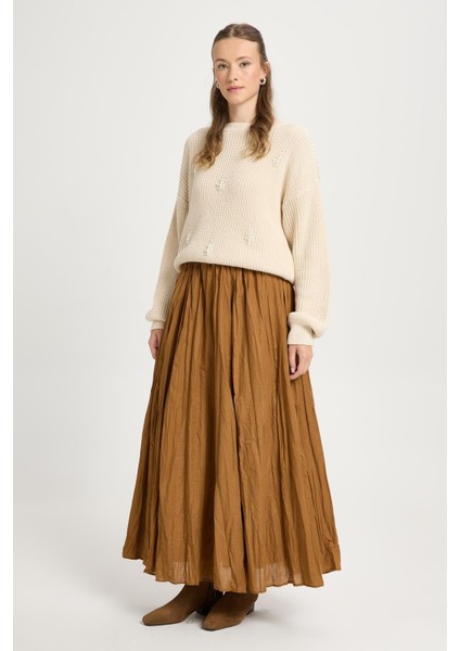 Kadın Camel Vual Kumaş Kırışık Uzun Astarlı Etek 29062