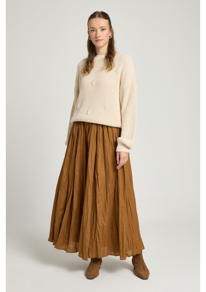 Kadın Camel Vual Kumaş Kırışık Uzun Astarlı Etek 29062 fiyatları