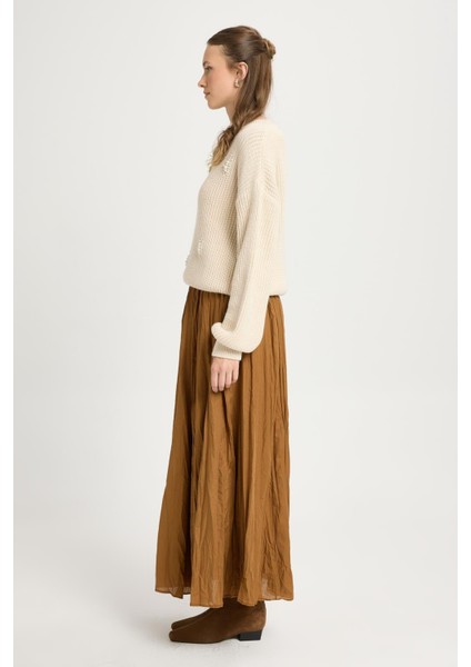 Kadın Camel Vual Kumaş Kırışık Uzun Astarlı Etek 29062 modelleri