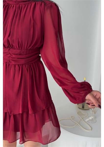 Eyesof Şifon Katlı Uzun Kol Elbise - Bordo fırsatları