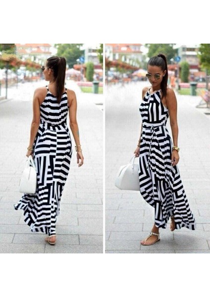 Eyesof Kadın Ayarlanabilir Askılı Geometrik Desen Kuşaklı Gipeli Süprem Elbise