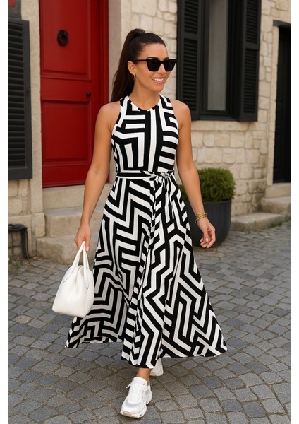 Eyesof Kadın Ayarlanabilir Askılı Geometrik Desen Kuşaklı Gipeli Süprem Elbise