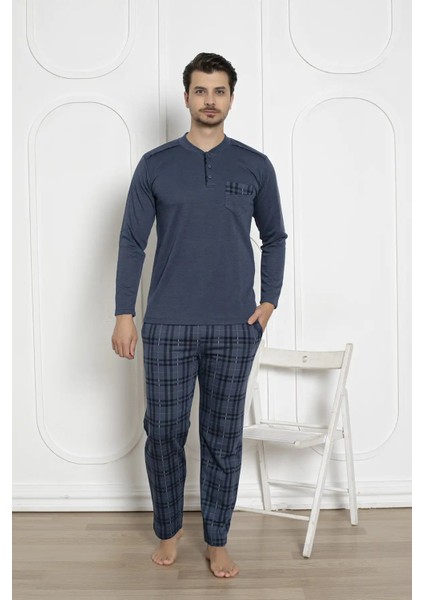 Erkek Ekose Desenli Likralı Pamuk Uzun Kol Kışlık Interlok Göğüs Cepli Pijama Takımı