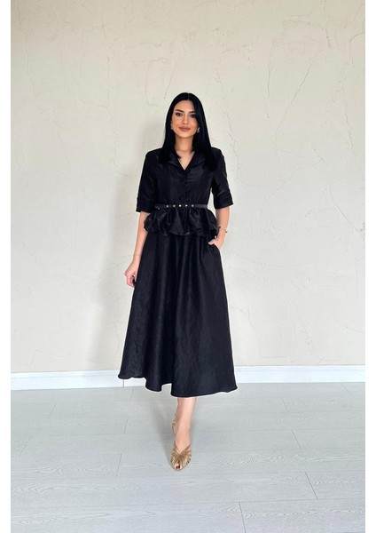 Eyesof Siyah Ince Kemerli Fırfırlı Ceket ve Büzgülü Etek Takım fiyatları