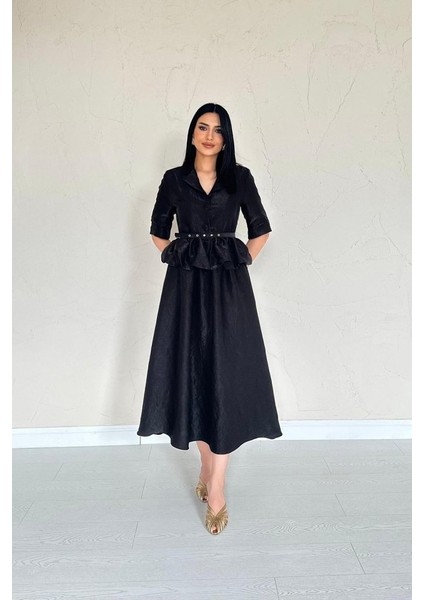 Eyesof Siyah Ince Kemerli Fırfırlı Ceket ve Büzgülü Etek Takım modelleri