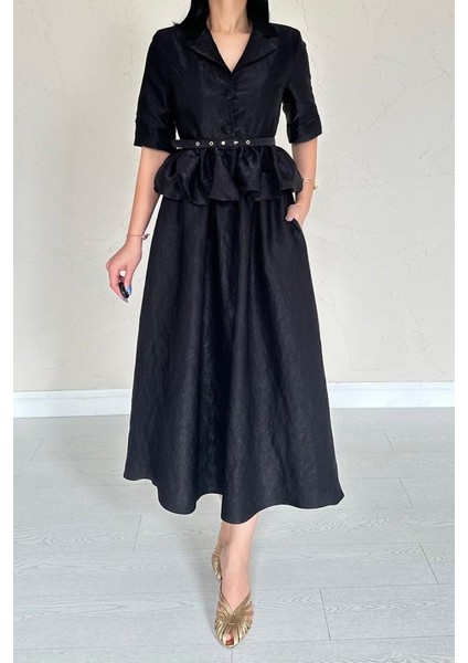 Eyesof Siyah Ince Kemerli Fırfırlı Ceket ve Büzgülü Etek Takım fırsatları