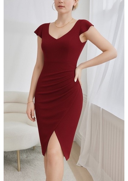 Eyesof Qkadın Kısa Kollu Kalp Yaka Yanlardan Büzgü Detay Midi Janjan Krep Elbise