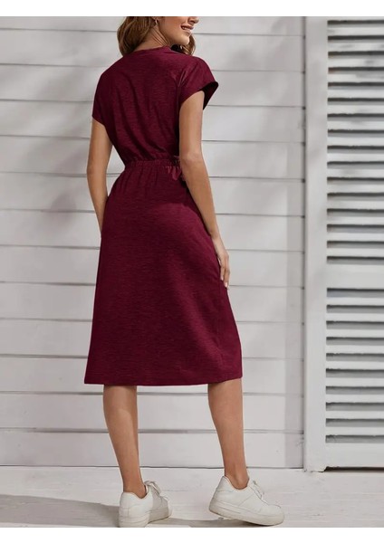 Eyesof Kadın Kısa Kollu Bisiklet Yaka Belden Lastikli Midi Viskon Elbise indirimleri