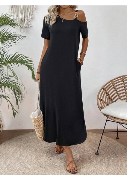 Eyesof Kadın Tek Omuzdan Açık Toka Detaylı Yandan Yırtmaçlı Maksi Boy Viskon Elbise