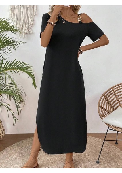 Eyesof Kadın Tek Omuzdan Açık Toka Detaylı Yandan Yırtmaçlı Maksi Boy Viskon Elbise modelleri