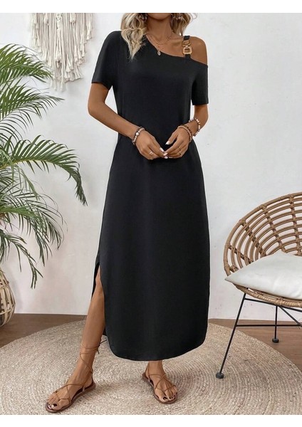 Eyesof Kadın Tek Omuzdan Açık Toka Detaylı Yandan Yırtmaçlı Maksi Boy Viskon Elbise indirimleri