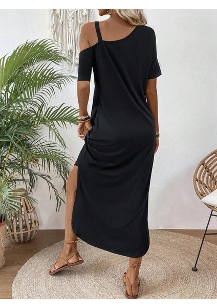 Eyesof Kadın Tek Omuzdan Açık Toka Detaylı Yandan Yırtmaçlı Maksi Boy Viskon Elbise