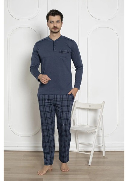 Erkek Ekose Desenli Likralı Pamuk Uzun Kol Kışlık Interlok Göğüs Cepli Pijama Takımı fırsatları