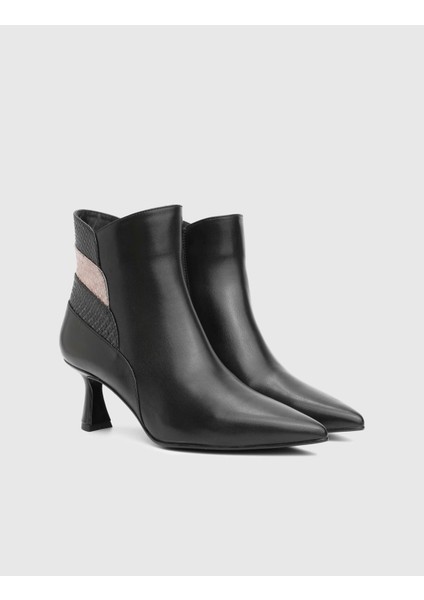 Vaness Hakiki Baskılı Deri Siyah Kadın Topuklu Bot