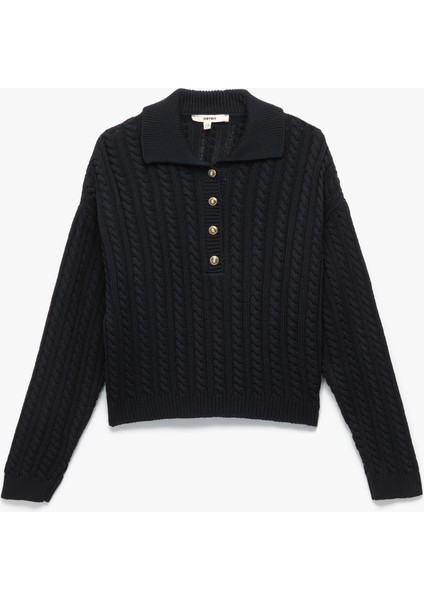 Regular Fit Uzun Kollu Düğmeli Saç Örgü Polo Yaka Kazak