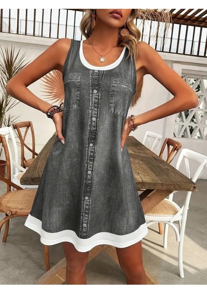 Eyesof Kadın Askılı Yuvarlak Yakalı Kot Görünümlü Kısa Süprem Elbise indirimleri