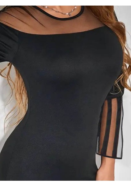 Eyesof Kadın Uzun Şeffaf Şerit Kollu Madonna Yaka Vücudu Saran Dalgıç Kısa Elbise