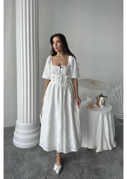 Eyesof Beyaz Dantel Detaylı Brode Elbise