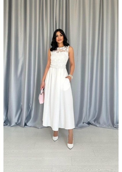 Eyesof Beyaz Önü Dantel Detaylı Kemerli Elbise fiyatları