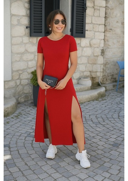 Eyesof Kadın Kısa Kollu Sırt Dekolteli Yırtmaç Detaylı Viskon Elbise