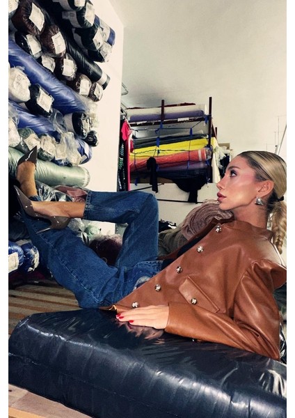 Eyesof Kahverengi Önü Düğme Kapamalı Deri Ceket modelleri