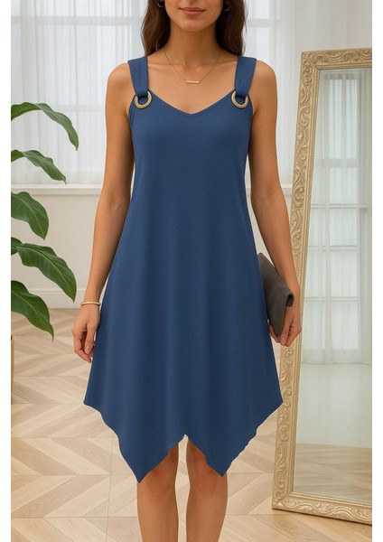 Eyesof Kadın Askılı Yuvarlak Yaka Kuş Gözü Detaylı Asimetrik Viskon Elbise