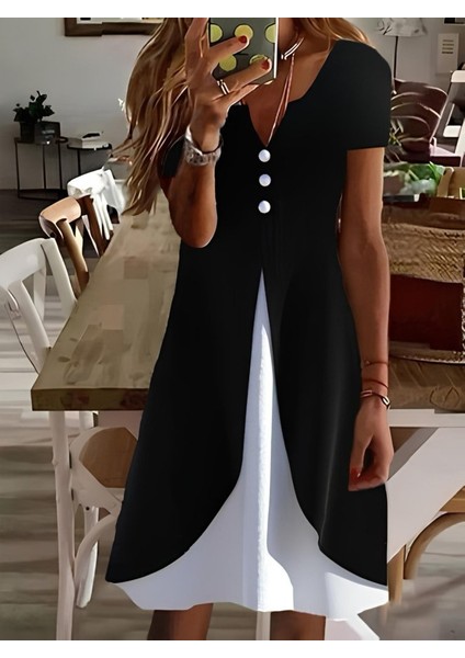 Eyesof Kadın Kısa Kollu V Yakalı Önden Düğmeli Çift Renkli Viskon Elbise