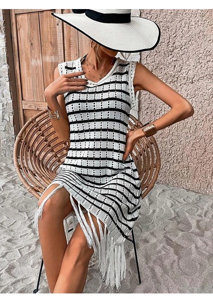 Eyesof Kadın Kolsuz V Yaka Eteği Püsküllü Çizgi Desen Triko Elbise indirimleri