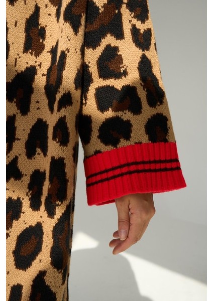 Eyesof Uzun Leopar Hırka - Camel-Kırmızı modelleri