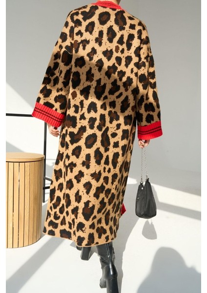 Eyesof Uzun Leopar Hırka - Camel-Kırmızı fırsatları