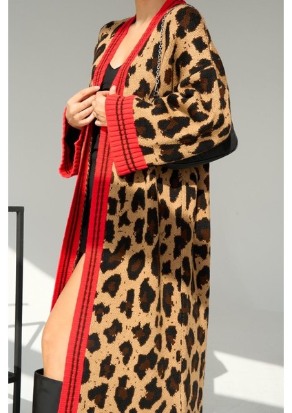 Eyesof Uzun Leopar Hırka - Camel-Kırmızı indirimleri